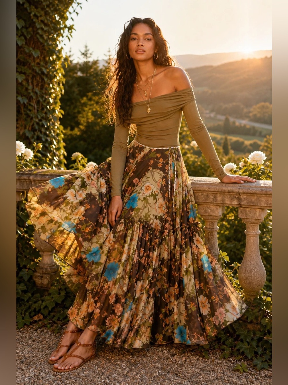 Free People Palermo Villa Chiffon Maxi Skirt in Chocolate Combo 4 - Picture 3 of 9
